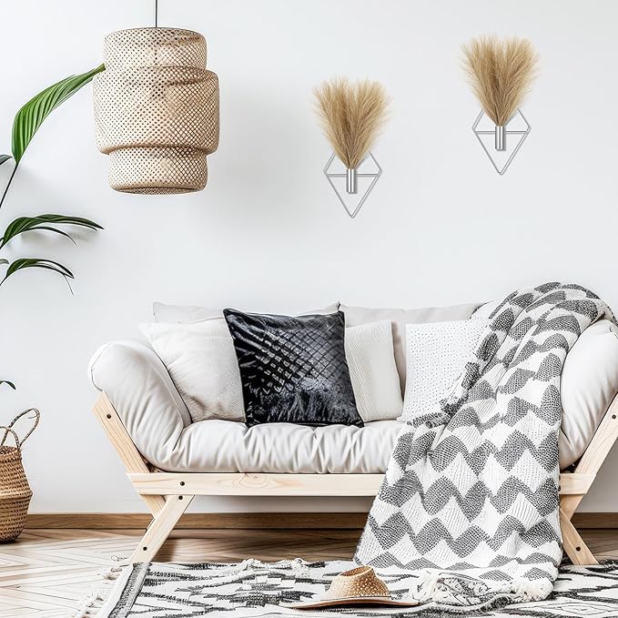 Canlierr 2 Pieces Boho Wall Decor Hanging Planters with Artificial Plants Metal Hanging Vase Indoor Plants Holder Modern Wall Art for Bathroom Bedroom Living Room Decor, Silver, Pampas Grass