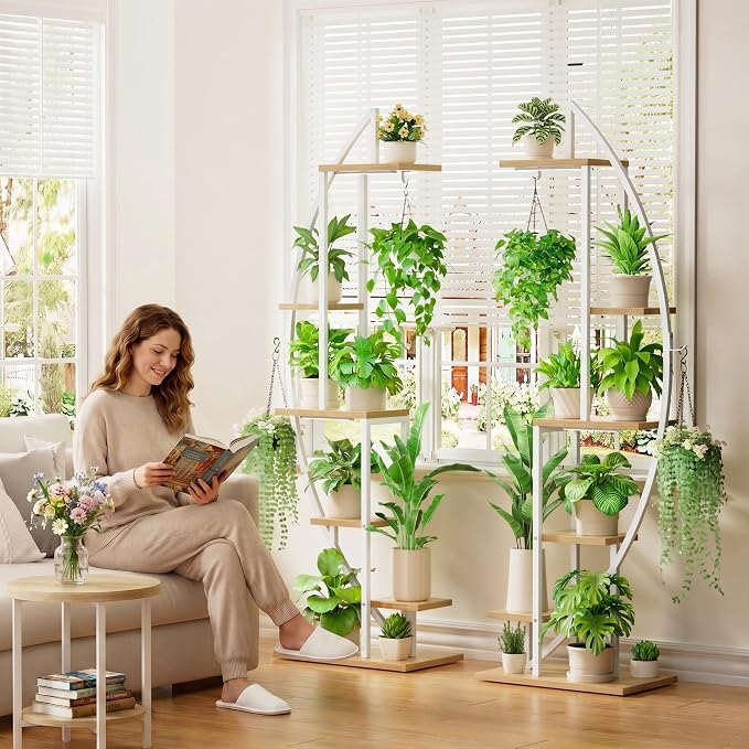 BACEKOLL Plant Stand Indoor with Grow Lights, 6 Tiered Tall Plant Shelf, 63" Metal Plant Stand for Indoor Plants Multiple, Half-Moon Plant Rack Display Shelf, 2 Pcs Plant Holder for Living Room, White