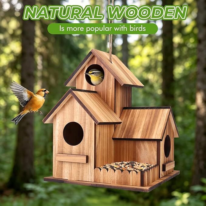 Bird Houses for Outside, 3-Hole Large Wooden Birdhouse for Bluebirds Finches Cardinal Hummingbird, Bird House for Outdoors Hanging Bird House Clearance Garden Courtyard Decor