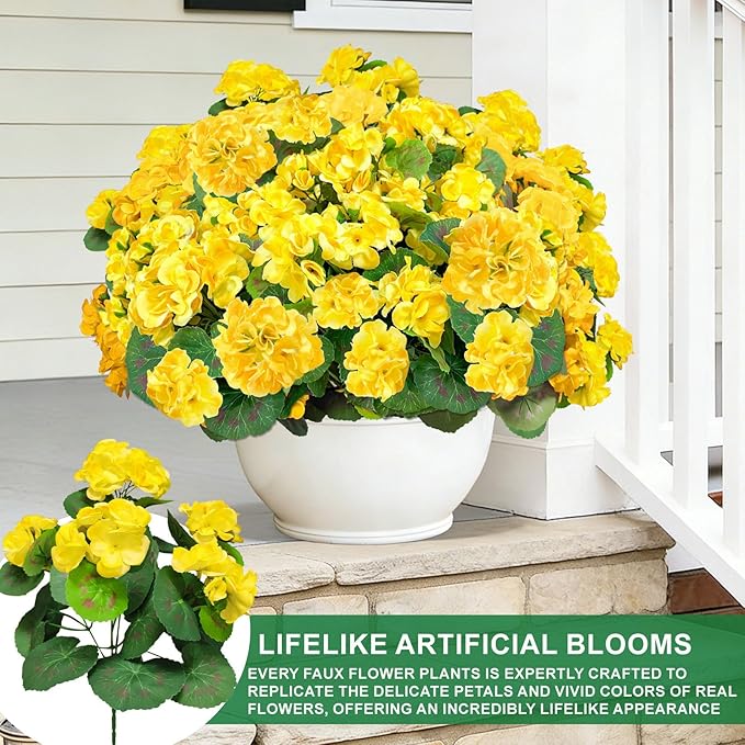 TURNMEON Artificial Geraniums Flowers for Outdoors Summer Decoration, 4 Bundles Fake Flowers Silk Yellow Flowers UV Resistant No Fade Faux Plants for Planter Gardens Table Porch Indoor Cemetery Decor