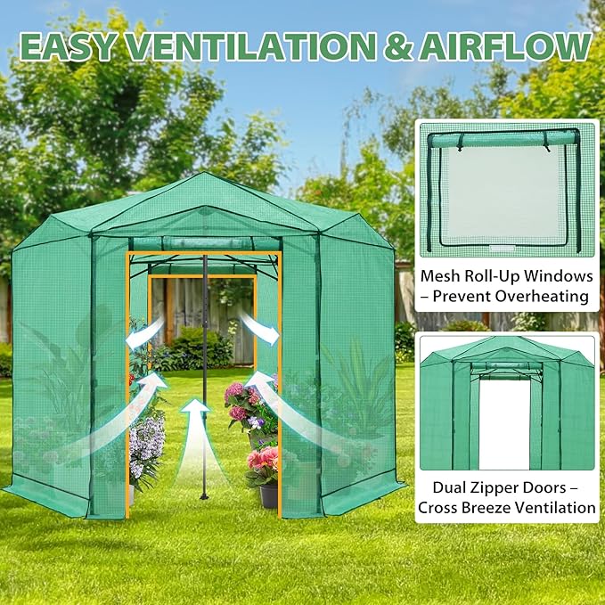 EAGLE PEAK 8.5x8.5 Portable Walk in Greenhouse, Pop Up Indoor Outdoor Greenhouse, Green House Kit with Zippered Roll-Up Doors and Windows, Hexagon Design, PE Cover, Clear/Green
