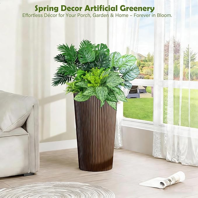 Artificial Greenery Plants Outdoor UV Resistant, 10 Bundles Large Faux Fern Bushes, Shrubs & Tropical Plants, Fake Plants for Planters, Porch, Patio, Garden & Poolside Spring Summer Decor