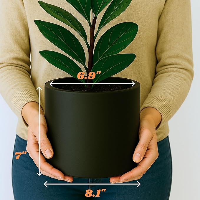 Fox & Fern 8 Inch Black Plant Pot with Drainage Plug — Premium Lightweight Fiberstone Matte Black Planter - 8 Inch Pots for Plants - for Indoor & Outdoor Use - Weather Resistant & UV Resistant