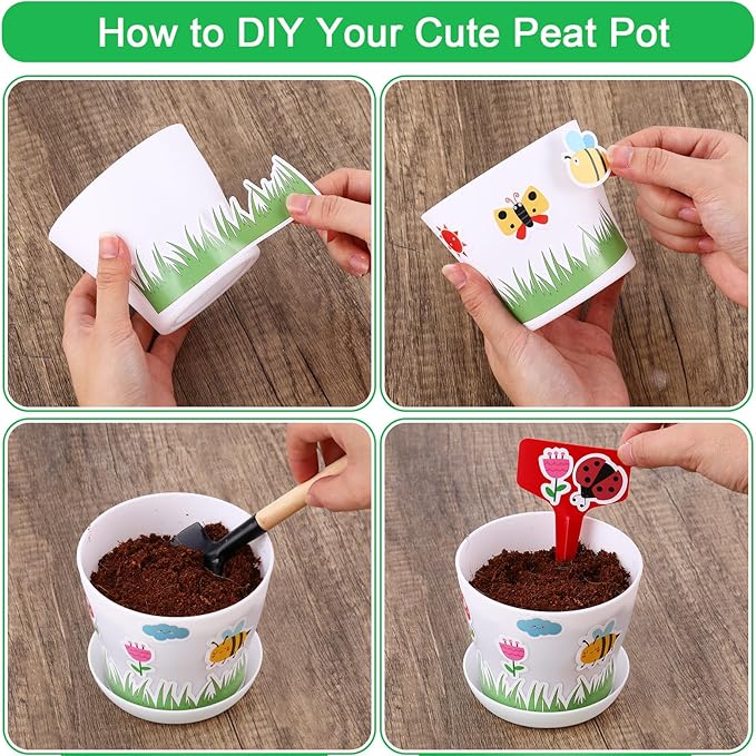 Domensi 12 Pack Garden Pot Craft Kit 4 Inch DIY Spring Crafts for Kids Bulk Plastic Flower Plant Pot Plastic Planter with Tray Drainage Holes with Tag, Certificate of Award, Sticker (White)