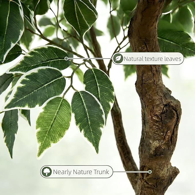 7FT Artificial Ficus Tree Indoor Outdoor, Fake Plants Indoor with White Pot, Realistic White-Edged Leaves Potted Tree for Home Office Decor