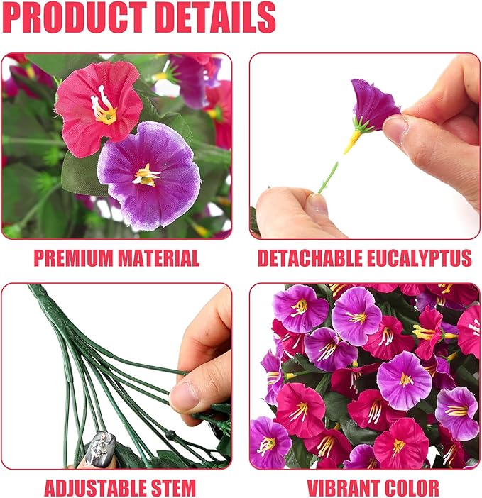 Artificial Fake Hanging Flowers Plants for Outdoor Outside Spring Summer Decoration 4PCS Faux Silk UV Resistant Realistic Morning Glory Trailing Vines for Home Porch Patio Balcony(Rose red & Magenta)