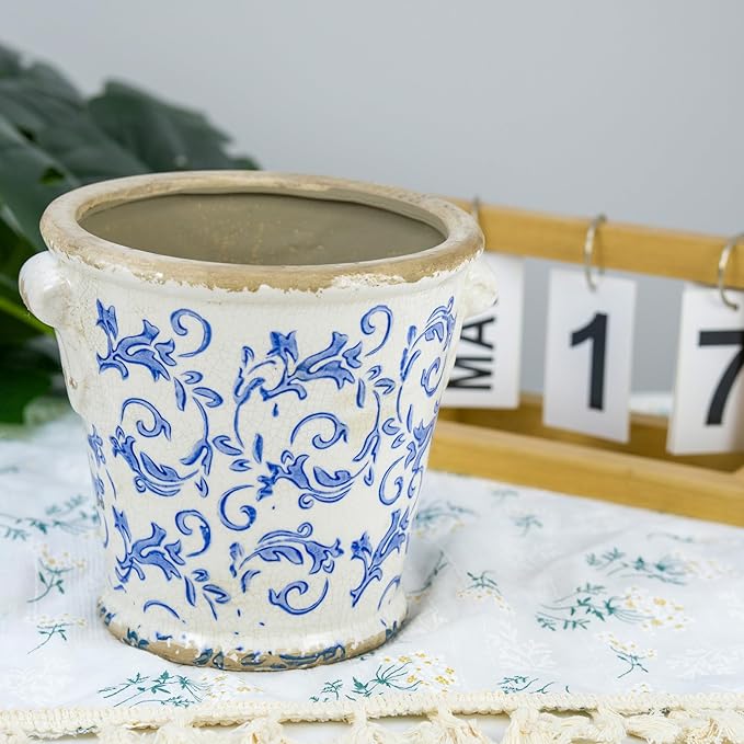 Dosayes Vintage Ceramic Flower Pot with Drainage Holes and Handle,Ice Crack Country Rustic Planters for Indoor Outdoor,Tuscan Decor,Home and Garden Decor,Gardening Present