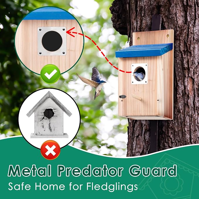 Dreyoo Cedar Bluebird Box Houses for Outside, 1-1/2'' Entrance Hole Wooden Bird Houses with Metal Guard, Secure Latch, Fledgling Grooves, Air Vents for Bluebird Wren Swallow (2 Pack)