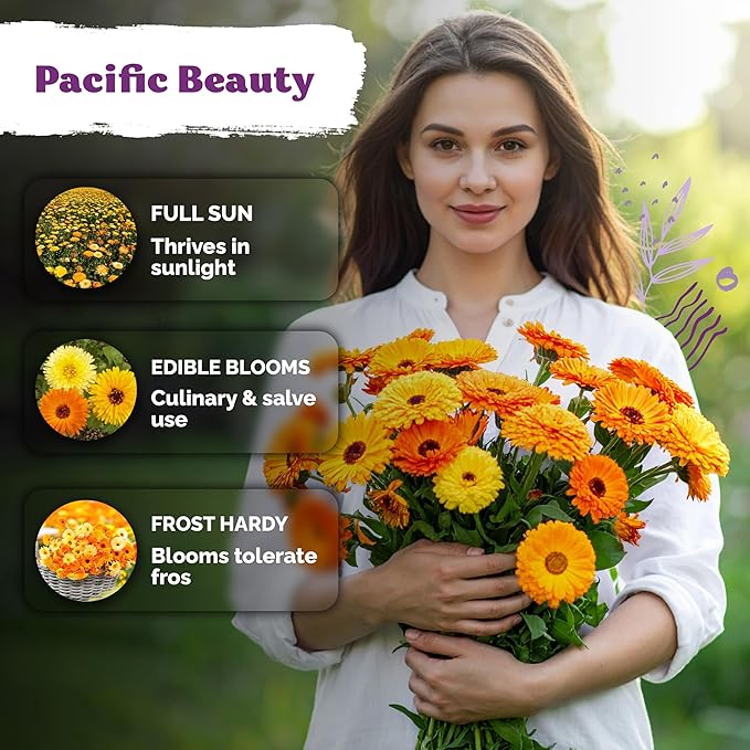 KVITER 150 Mix Pacific Beauty Calendula Seeds (Calendula Officinalis) - Pot Marigold, Heirloom and Non GMO - Annual Flower Seeds in Seed Packets for Outdoor and Indoor Garden, Containers, Cut Flowers