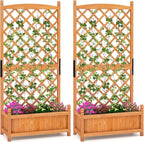 HAPPYGRILL Raised Garden Bed with Trellis, Large Planting Box w/Drainage Holes, 60” Wooden Garden Planter w/Diamond Lattice Trellis for Climbing Plants, Outdoor Planter Box for Patio (2, Orange)