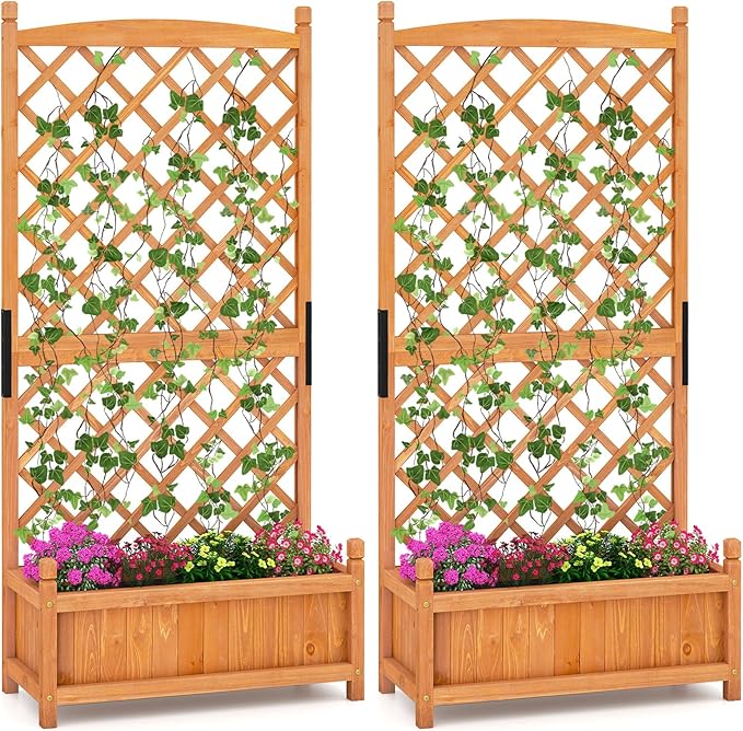 HAPPYGRILL Raised Garden Bed with Trellis, Large Planting Box w/Drainage Holes, 60” Wooden Garden Planter w/Diamond Lattice Trellis for Climbing Plants, Outdoor Planter Box for Patio (2, Orange)
