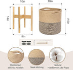 Plant Basket with Stand, Indoor Round Wicker Basket Plant with Bamboo Wood Stand, Decorative Woven Rope Flower Indoor Planter with Legs, Boho Bamboo Wood Planter Holder (Jute Black Stripes)