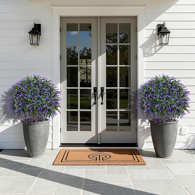 HyeFlora 2 Pack Artificial Topiary Boxwood Ball Trees with Lavender Fake Plants for Outdoor Indoor Artificial Shrubs with Ground Spike UV Resistant Fake Bushes for Front Porch Garden (Purple Lavender)