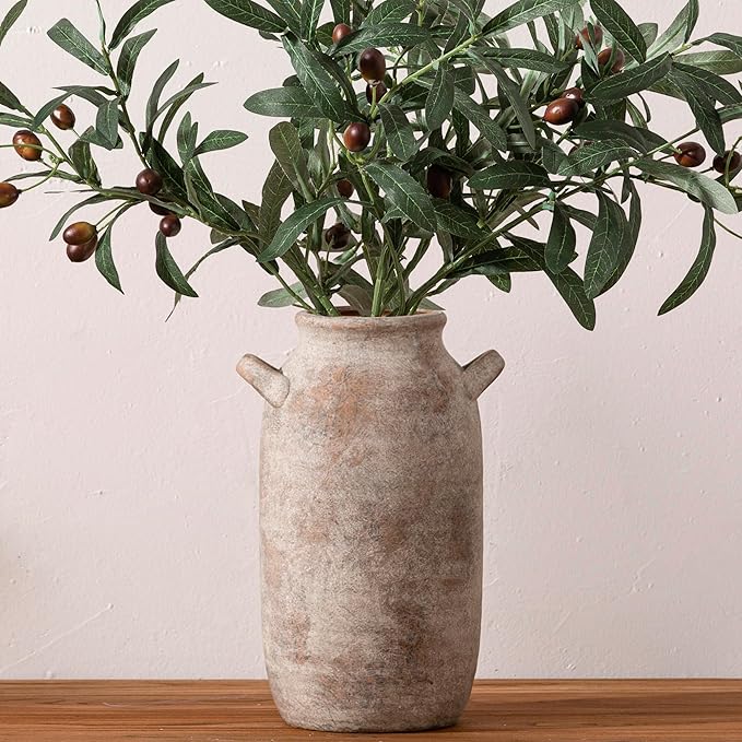 Large Flower Vase Home Decor - 12 inch Tall Ceramic Farmhouse Rustic Table Vases with Handle Living Room Decoration Decorative Modern Pottery for Floor Kitchen Shelf Coffee Dining Desk Fireplace
