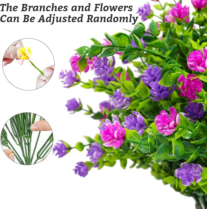 12 Bundles Artificial Fake Flowers Outdoor, 6 Styles UV Resistant No Fade Faux Plastic Greenery Shrubs Plants for Hanging Garden Porch Window Box Farmhouse Outside Decoration