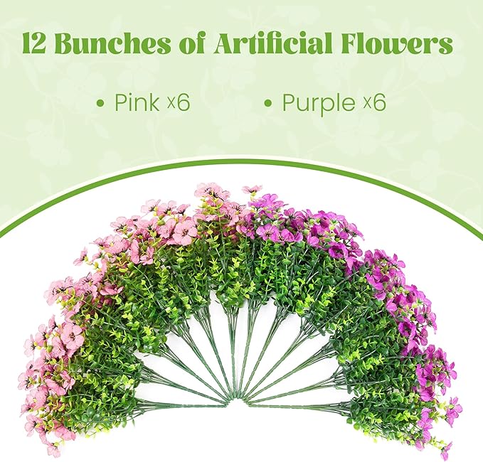 Ammyoo Artificial Fake Plants Flowers for Outdoor Spring Decor, 12 Bundles Faux Silk Mums for Planter Pot Colorful UV Resistant Look Real for Front Door Porch Patio Outside Yard(Purple Pink)