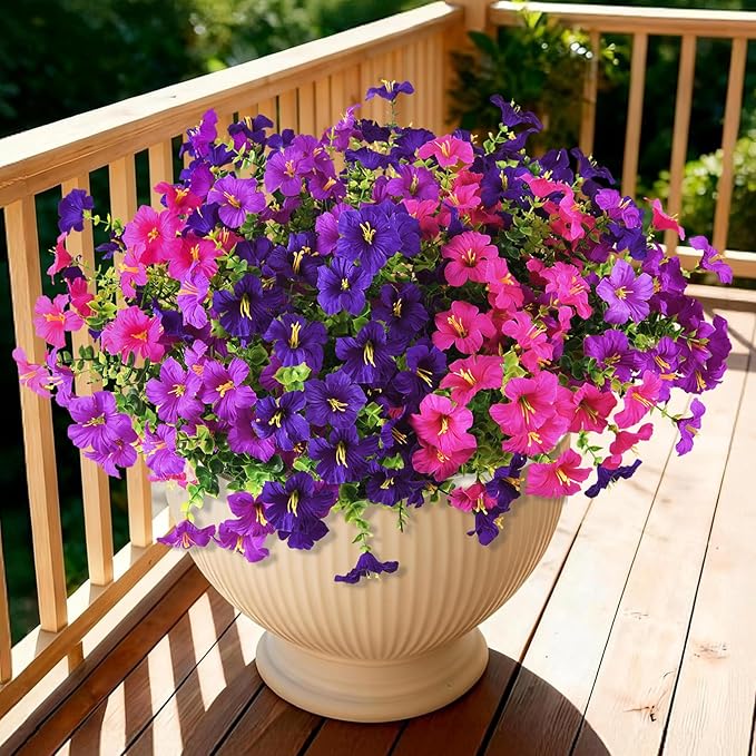 INQCMY Artificial Flowers for Outdoors Fake Plants Spring Summer Decoration, 12 Bundles Faux Petunias UV Resistant No Fade Realistic Silk Flower for Outside Planters Patio Porch Yard Window Box