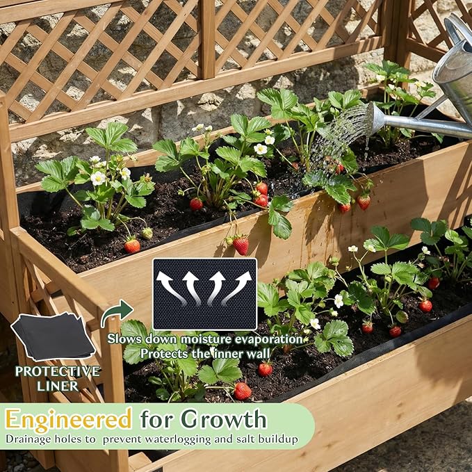 Raised Garden Bed with Trellis, 47''H Outdoor Flower Plant Stand with Two Planting Areas, Top Shelf, Liner, Elevated Garden Beds for Climbing Plants, Herb, Gift for Gardening, Brown