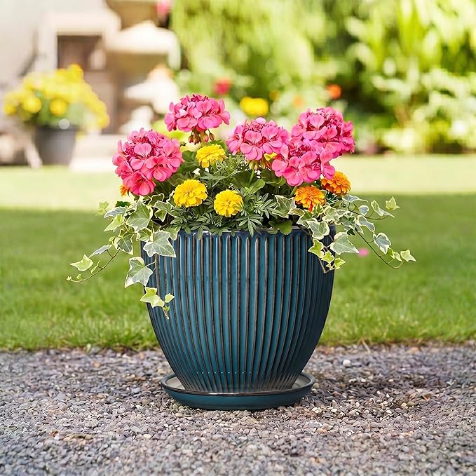 Ceramic Planter, 10 Inch Plant Pot with Drainage Hole and Saucer, Round Planters for Indoor Plants, Decorative Plant Pots, Modern Planter, Living Room Decor, Gifts for Plant Lovers, Retro Blue