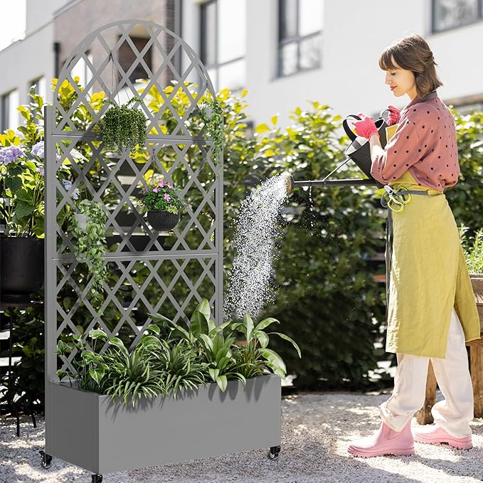 Casaphoria Metal Raised Garden Bed with Trellis and Wheels, 72"x35"x16" Arched Planter Box for Climbing Plants, Vegetables & Vines, Features Drainage Holes and Privacy Screen (Grey-Laurence)