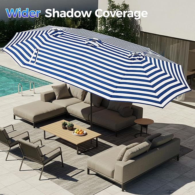 SUPERJARE 13FT Outdoor Umbrella for Patio, Double sided Pool Umbrellas with Fade Resistant Canopy, Large Table Umbrella for Deck, Market, Backyard - Blue & White Stripe