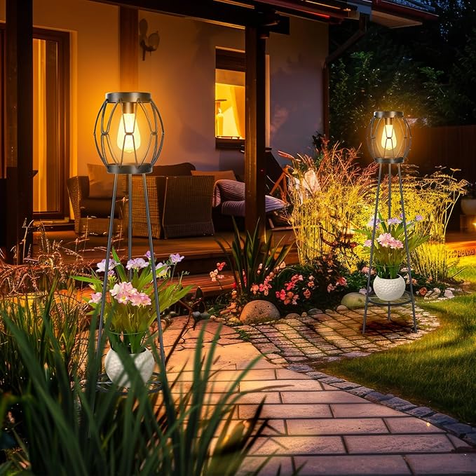 2 Pack Solar Lights Outdoor with Plant Stands, Solar Floor Lamp, Patio Decor for Garden Yard Pathway Driveway Porch