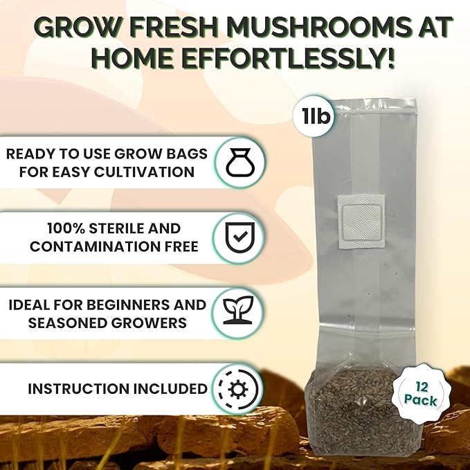 MycoHaus Mushroom Growing Kit | Sterilized Rye Grain | Magic Indoor Grow Bags for Mushrooms | Shroom Home Cultivation Magic Supplies | Without Spores | Without Injection Ports | 1 Pound (12 Pack)
