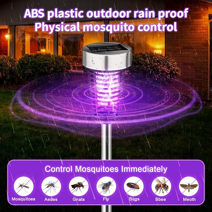 Qualirey 12 Pack Solar Bug Zapper Outdoor Waterproof Mosquito Repellent Killer Bug Zapper Lamp with LED Light for Outdoor Garden Patio Yard (Purple and Flame Light,Silver)