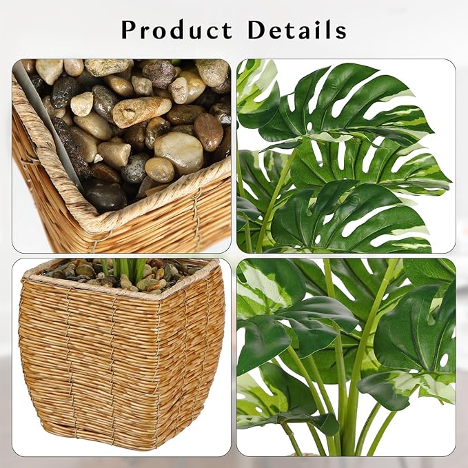 Briful Fake Plants Potted Variegated Monstera Artificial Plants Indoor Realistic Greenery Faux Plants in Square Plastic Rattan Baskets for Home Decor Farmhouse Office Weddings