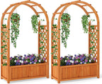 HAPPYGRILL Raised Garden Bed with Trellis, Wooden Elevated Planter Box w/Ached Roof & Detachable Bottom Panels, Liner, Drainage, Indoor Outdoor Wood Planter for Climbing Plants Vine Flower (2)