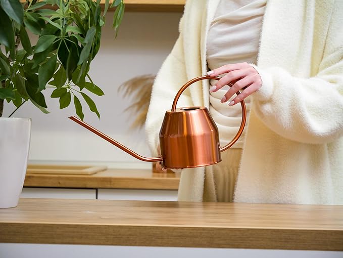 Plexon Rose Gold Metal Watering Can Indoor Plants 40 oz, Stainless Steel Long Spout Watering Can Outdoor House Plant Flower, Garden