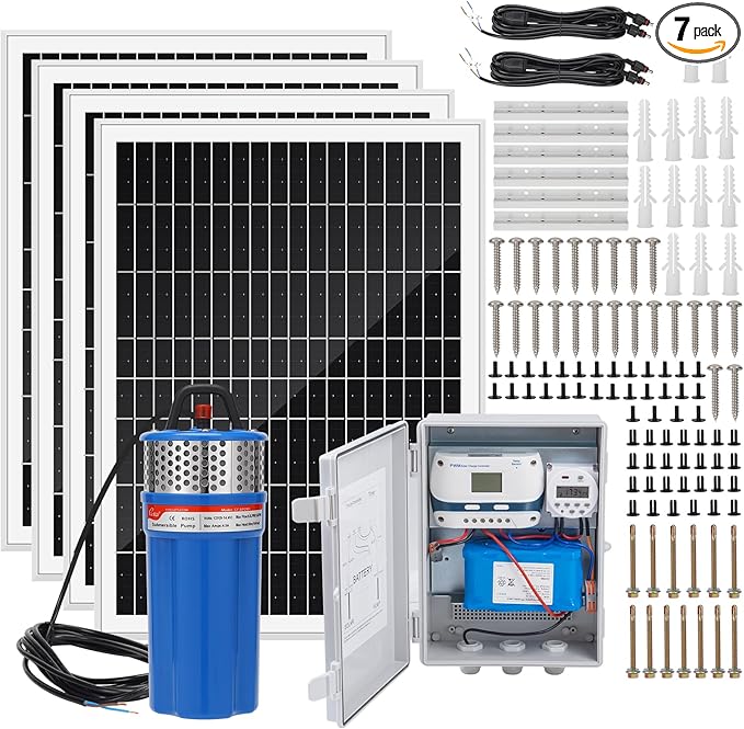 Solar Well Pump Kit with Timing Function, Submersible Pump, Four Solar Panels with Fixed Bracket, Thickened Waterproof Box with Upgraded Controller, Battery, and Timer for Well and Irrigation