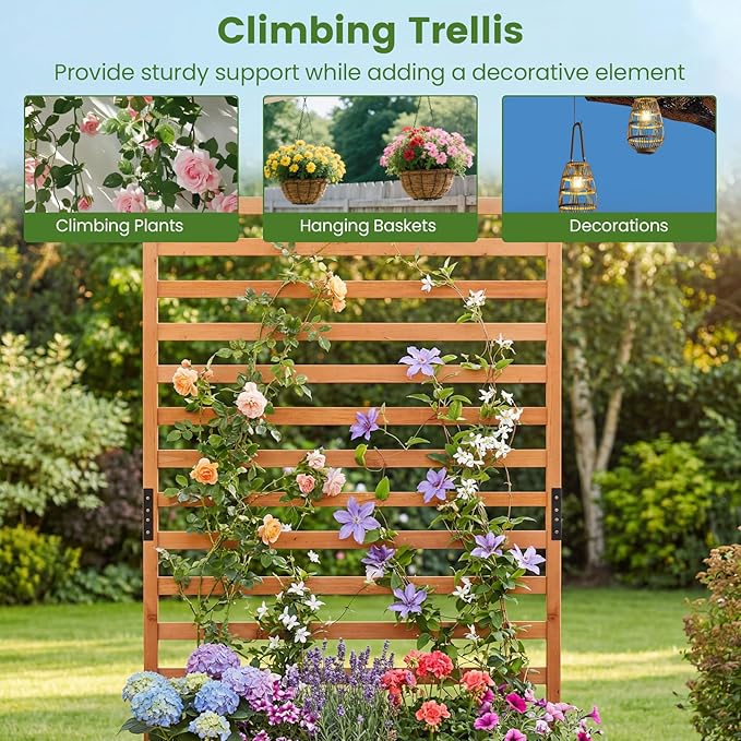 HAPPYGRILL Raised Garden Bed with Trellis, 59" Tall Wooden Elevated Planter Box w/Liner, Drainage, Detachable Base Panel for Climbing Plant Vine Flower, Outdoor Planter w/Trellis for Patio (1)