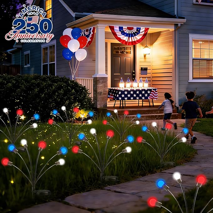 4th of July Decorations Outdoor, 8 Pack Red White and Blue Solar Garden Lights 48 LED, 2 Modes Solar Firefly Lights Outdoor Waterproof for Independence Day Garden Yard 250 Anniversary USA Decoration