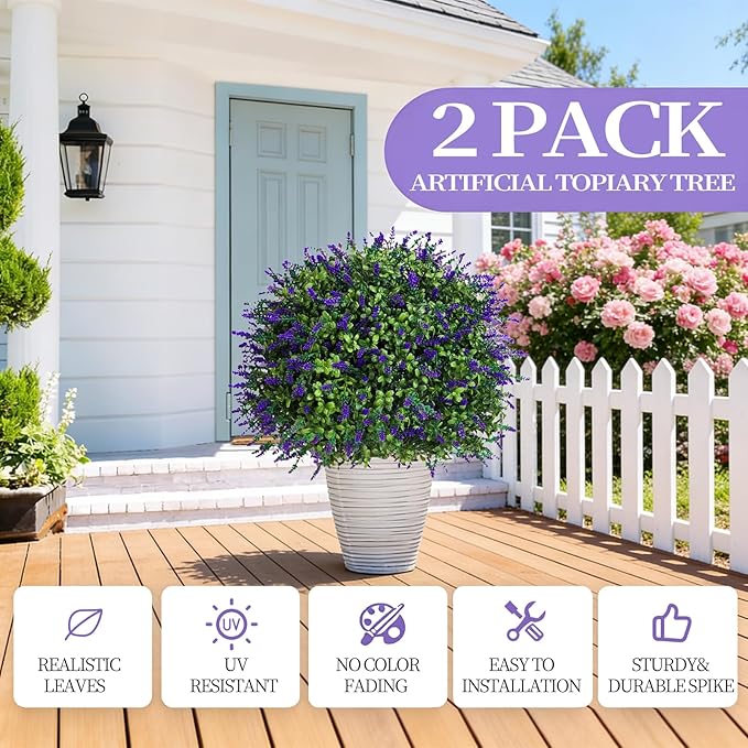 23" Set of 2 Artificial Lavender Topiary Trees for Outdoor with Ground Spike, UV Resistant Faux Boxwood Ball Plants, Fake Boxwood Plants for Indoor,Porch,Patio,Lawn Front Door Décor