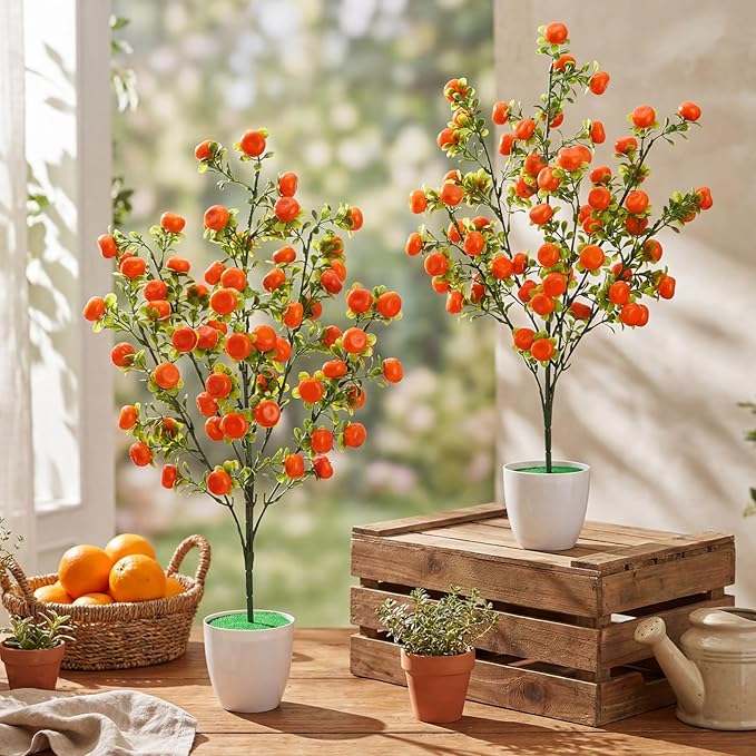 Suncalla 2 Pack Artificial Orange Potted Plants 21.65 Inches Fake Orange Tree Simulation Realistic Fruit Plant with Pot Faux Tree Indoor Decoration for Home Office Living Room Table Desk