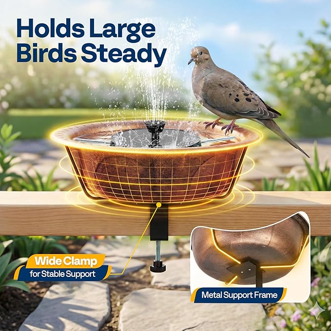 VIVOHOME Deck Mounted Bird Bath with Solar Fountain, Outdoor ABS Birdbath Bowl with Adjustable Metal Clamp, Solar Powered Pump for Railing, Fence, Balcony, 1.45 Gallons, Bronze