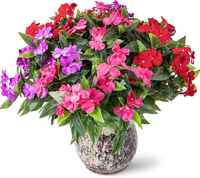 Nigirior Artificial Fake Flowers for Outdoor Décor 6 Bundles UV Resistant Fake Plants for Planter Faux Impatiens for Home Porch/Garden Stunning（Red/Rose Red/Purple）
