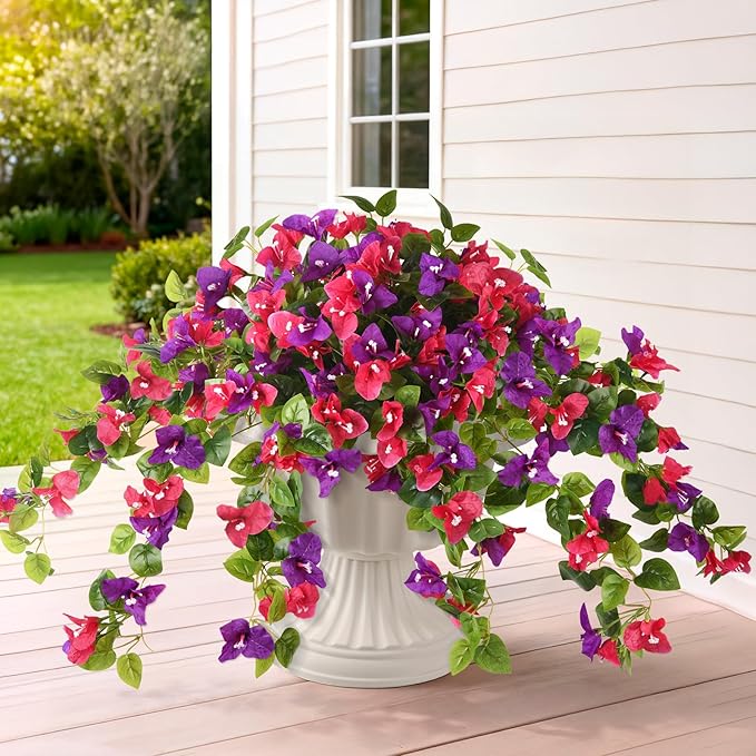 Homsunny Artificial Fake Flowers Plants for Outdoor Summer Decoration, 2 Pcs Faux Silk Flower Bougainvillea Vines Look Real UV Resistant for Home Porch Patio Balcony Yard Spring Decor(Mix Purple)