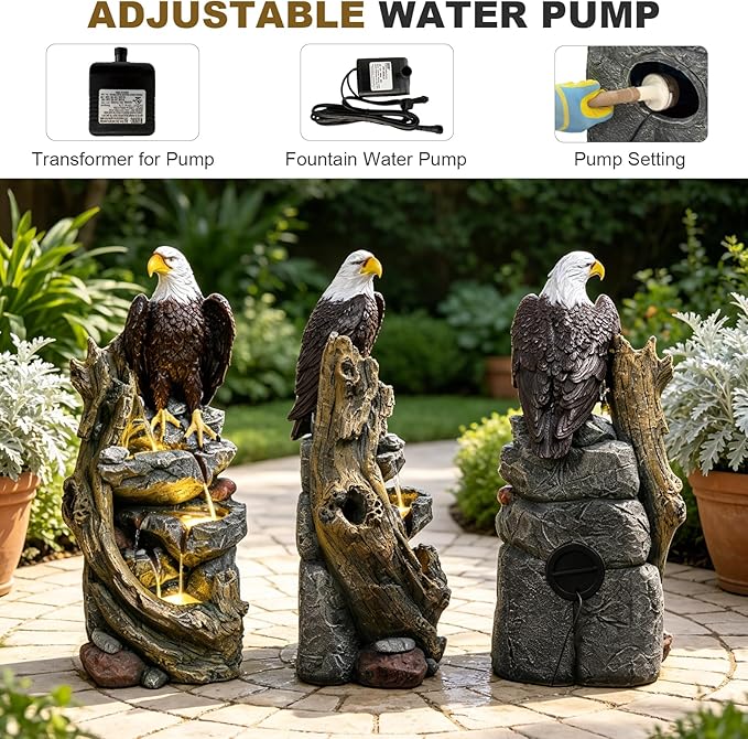 Bald Eagle Outdoor Fountain, 40.5" H Large Cascading Waterfall Garden Fountain with 3000K Warm LED Lights, Realistic Tree Trunk & Rock Water Feature for Garden, Patio, Porch, Yard and Home Art Decor