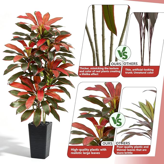 Artificial Red Dracaena Tree - 6FT Tall Fake Plants with Black Square Planter - Artificial Plants Indoor Floor Plant in Pot - Large Tropical Fake Yucca Potted Tree for Home Office Living Room Decor
