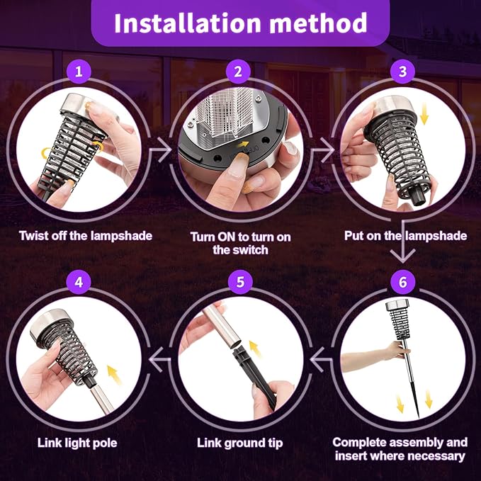 Qualirey 12 Pack Solar Bug Zapper Outdoor Waterproof Mosquito Repellent Killer Bug Zapper Lamp with LED Light for Outdoor Garden Patio Yard (Purple and Warm Light,Silver)
