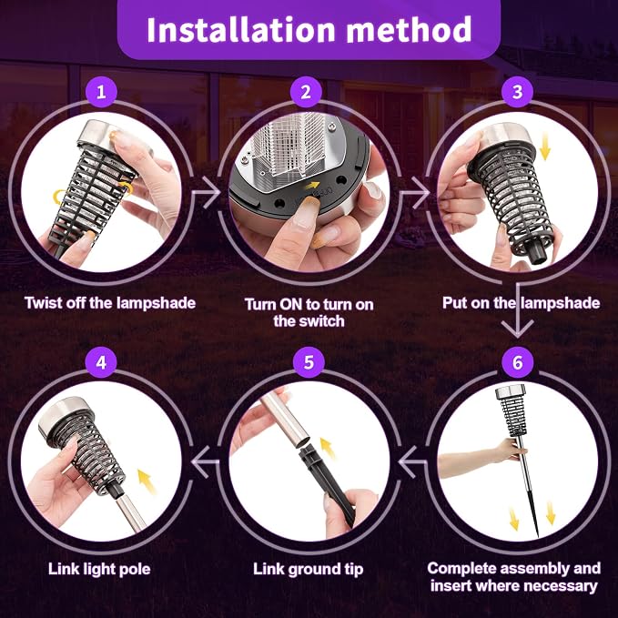 Qualirey 4 Pack Solar Bug Zapper Outdoor Waterproof Mosquito Repellent Killer Bug Zapper Lamp with LED Light for Outdoor Garden Patio Yard (Purple and Warm Light,Silver)