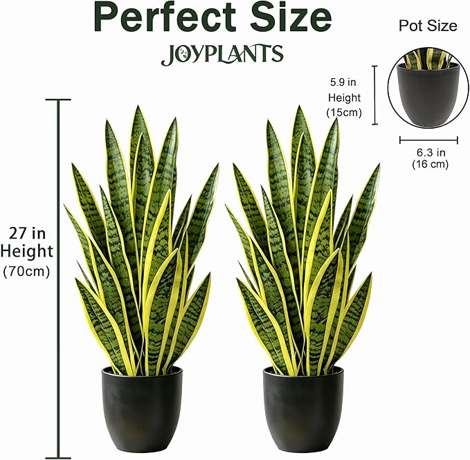 Fake Snake Plant, 27" Artificial Potted Plants with Black Pot, Realistic Faux Plants for Home Decor, Low Maintenance No Watering Needed for Desk Corner Office & Pet Areas (2 Pack)