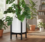 D'vine Dev Ceramic Planter with Ebony Stand - 14 Inch Modern Round Flower Pot with Wood Planter Holder, White, 55-B-S-1