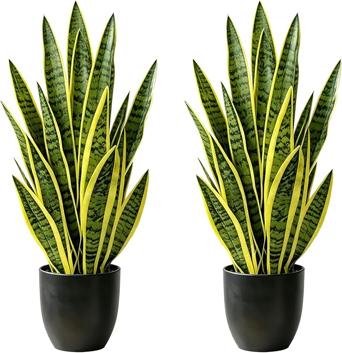 Fake Snake Plant, 27" Artificial Potted Plants with Black Pot, Realistic Faux Plants for Home Decor, Low Maintenance No Watering Needed for Desk Corner Office & Pet Areas (2 Pack)