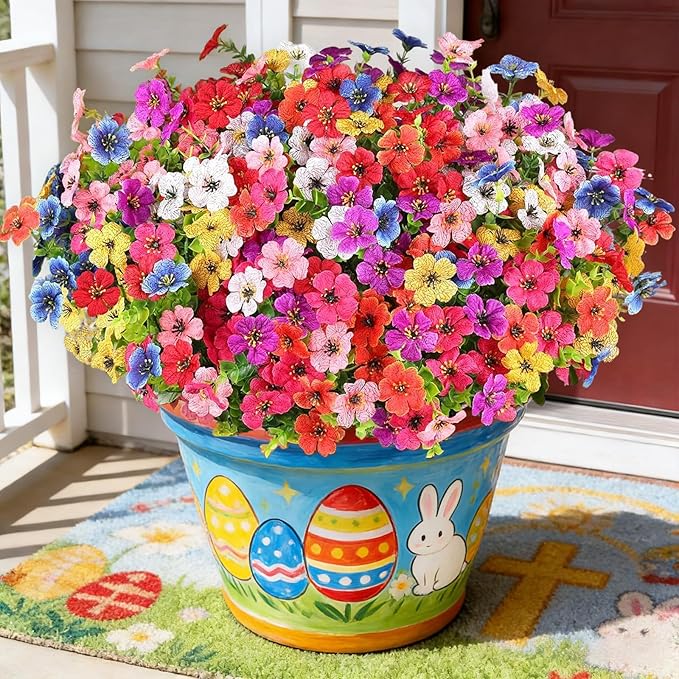 16 Bundles Artificial Flowers for Outdoors, Realistic Fake Silk Flowers for Outside, UV Resistant Faux Plants for Outdoor Planter, Hanging Basket - Porch Spring Easter Decor(8 Colors)