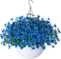 HyeFlora Artificial Fake Hanging Plants Flowers Basket for Outdoor Outside Decoration, Faux Silk Blue Daisy UV Resistant Look Real for Porch Patio Balcony Home Yard