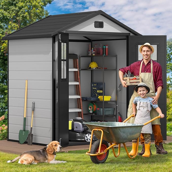 DWVO Outdoor Storage Shed 6x4.4 FT Plastic Garden Tool Shed with 2 Windows, Double-Wall Outside Shed for Lawn Mower, Garden Tool for Backyard, Lawn, Patio