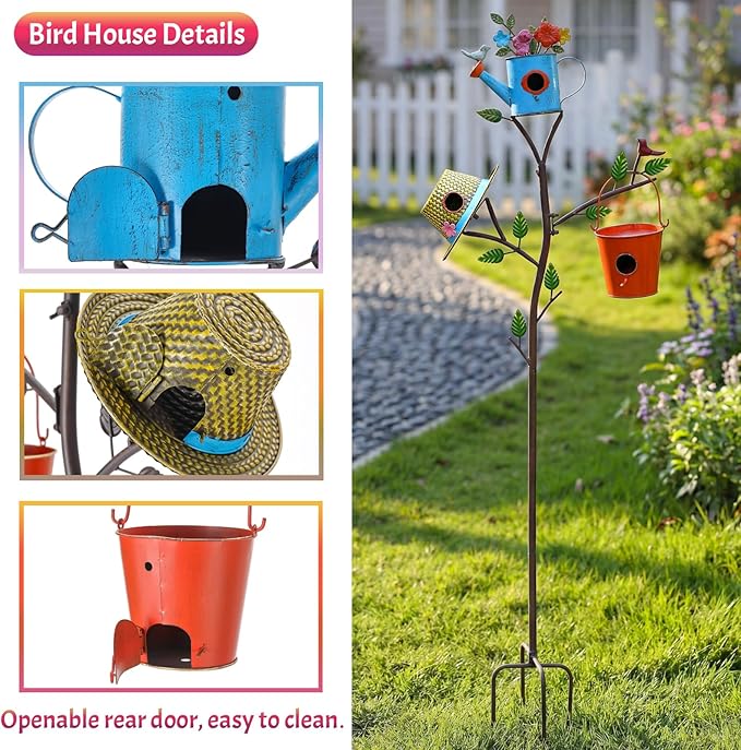 3-in-1 Bird House with Pole for Outside, Multi-Colored Metal Bird Houses for Outside, Durable Colorful Birdhouse on Stake for Bluebirds, Squirrel Proof with Easy-Clean Rear Doors, Garden Decor